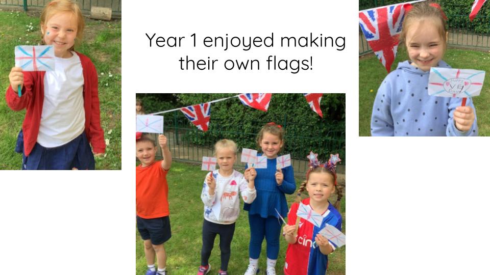 Students holding flags dressed up for VE day